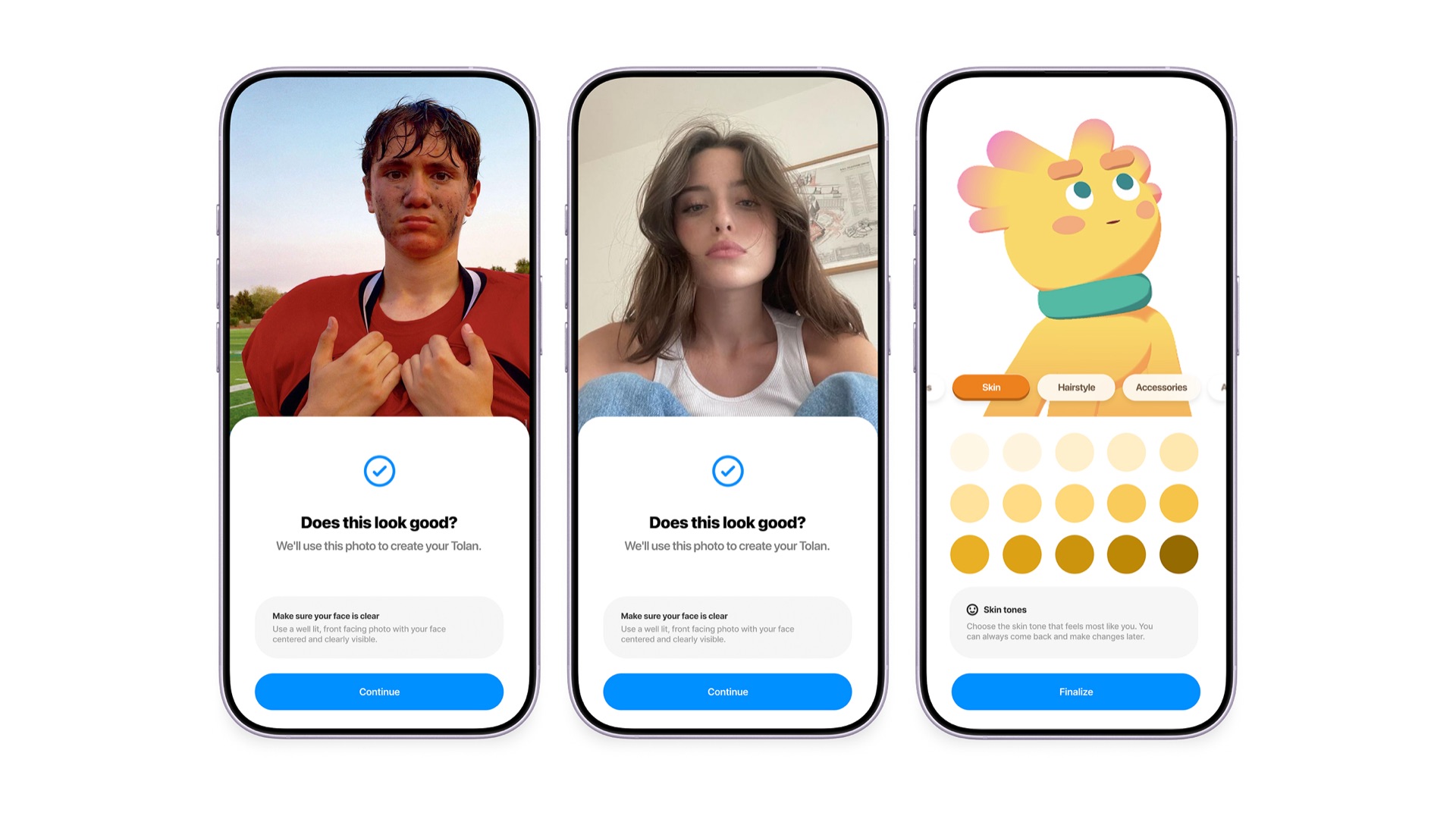 Tolan — photo to character onboarding screens